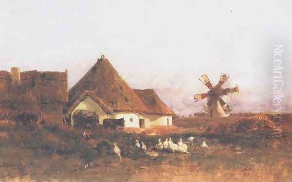 Landscape with Windmill Detail of Szentivan c. 1880 Oil Painting by Geza Meszoly