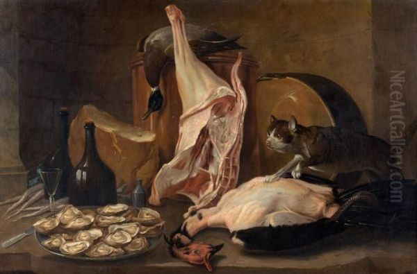 Chat Bousculant Les Apprets Du 
Dejeuner Et Nature Morte Au Lievre, Faisan, Perdreaux Et Becasse Oil Painting by Alexandre-Francois Desportes