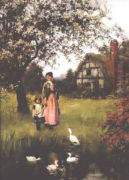 Mother and Child Watching the Ducks Oil Painting by Henry John Yeend King