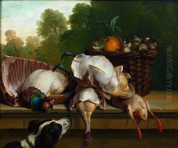 Chien, Gibier Plume Et Panier Dans Un Paysage Oil Painting by Alexandre-Francois Desportes