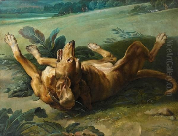 A Hound In A Landscape, Huntsmen And Theirdogs In The Distance Oil Painting by Alexandre-Francois Desportes