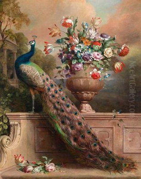 Umkreis Einpfau Und Ein 
Blumenstraus In Einer Vase Auf Einer Steinbank Ineinem Schlosspark Oil Painting by Alexandre-Francois Desportes