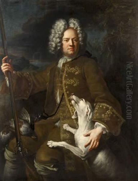 Portrait De Monsieur Paris, 
Fermier General Du Dauphine, En Chasseur, Sur Fond De Paysage Oil Painting by Alexandre-Francois Desportes