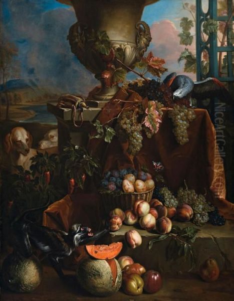 Still Life Of Fruits In A Landscape Oil Painting by Alexandre-Francois Desportes