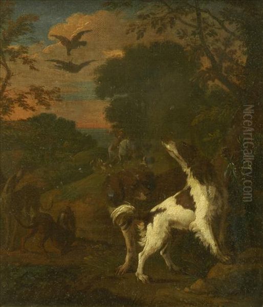 A Hawking Scene With Mounted Figure And Hunting Dogs Oil Painting by Alexandre-Francois Desportes