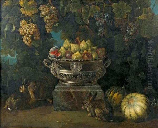 Nature Morte Aux Figues Dans Une
 Jardiniere En Argent De Thomasgermain, Sur Un Socle De Marbre, Sous Des
 Pampres De Vignes Oil Painting by Alexandre-Francois Desportes