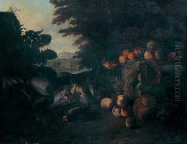 Nature Morte De Fruits Et Trophes De Chasse Sur Fond De Paysage Oil Painting by Alexandre-Francois Desportes