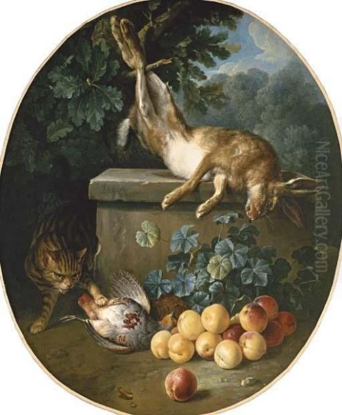 Still Life With Game And Peaches With A Cat Stalking From Behind A Stone Ledge Oil Painting by Alexandre-Francois Desportes