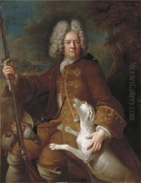 Portrait Of A Huntsman, Seated, 
Three-quarter-length, Holding A Rifle, In A Landscape With His Dog Oil Painting by Alexandre-Francois Desportes