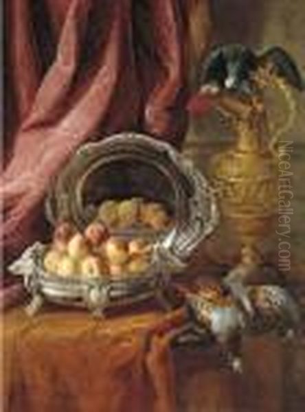 Peaches In A Silver-footed Bowl,
 A Silver Platter, An African Grey Parrot Perched On A Vermeil Ewer And 
Game Birds On A Partly-draped Tabletop Oil Painting by Alexandre-Francois Desportes