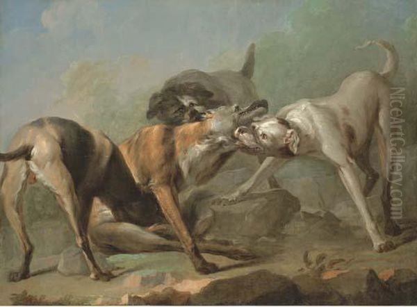 Chiens Attaquant Un Loup Oil Painting by Alexandre-Francois Desportes