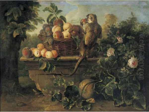 Still Life With A Monkey And A 
Basket Of Fruit All Resting On A Ledge With A Landscape Beyond Oil Painting by Alexandre-Francois Desportes