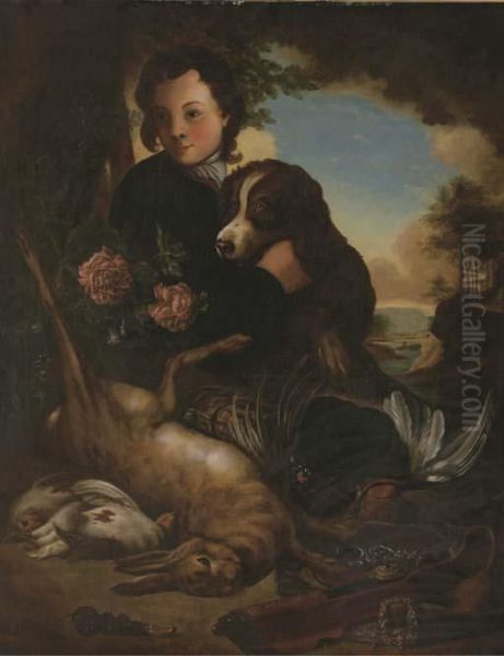 A Boy And A Dog With Dead Game By A Tree In A Landscape Oil Painting by Alexandre-Francois Desportes