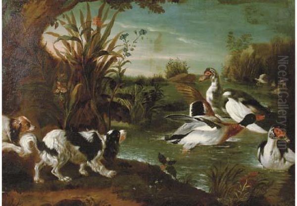 Spaniels Threatening Ducks In A River Landscape Oil Painting by Alexandre-Francois Desportes