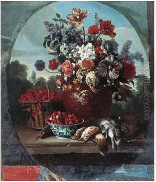 Nature Morte Au Bouquet, Aux Fraises Des Bois, Aux Cerises Et Au Gibier Oil Painting by Alexandre-Francois Desportes