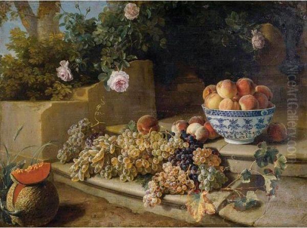 Still Life Of Grapes, Peaches In
 A Blue And White Porcelain Bowl And A Melon, Resting On A Stone 
Stairway Oil Painting by Alexandre-Francois Desportes