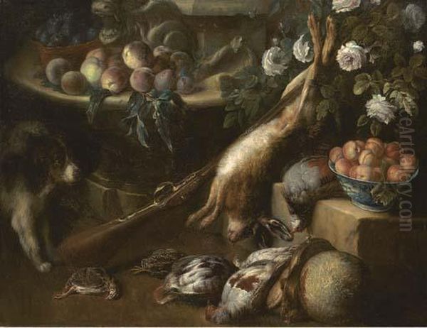 A Dead Hare, Woodcock And 
Pheasants On Ledges In A Garden, With Plums, A Bowl Of Peaches, A Gun 
And A Dog Oil Painting by Alexandre-Francois Desportes