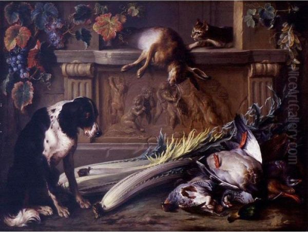 Still Life With Game, A Dog, A 
Cat And A Hare On A Table Decorated With A Bas Relief By Francois 
Duquesnoy Oil Painting by Alexandre-Francois Desportes