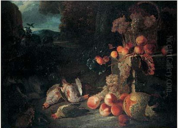 Nature Morte Au Panier De Raisins, Abricots,peches Et Perdrix Sur Fond De Paysage Oil Painting by Alexandre-Francois Desportes