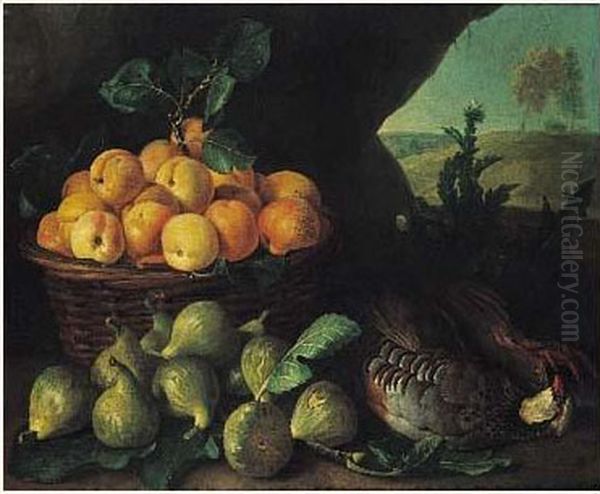 Panier D'abricots, Figues Et Perdrix Sur Fond De Paysage Oil Painting by Alexandre-Francois Desportes