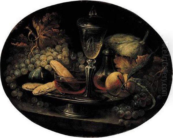 Grapes, A Fig, Breadrolls, 
Wineglasses And A Peach On A Pewter Plate With Grapes And A Melon On A 
Stone Ledge Oil Painting by Alexandre-Francois Desportes