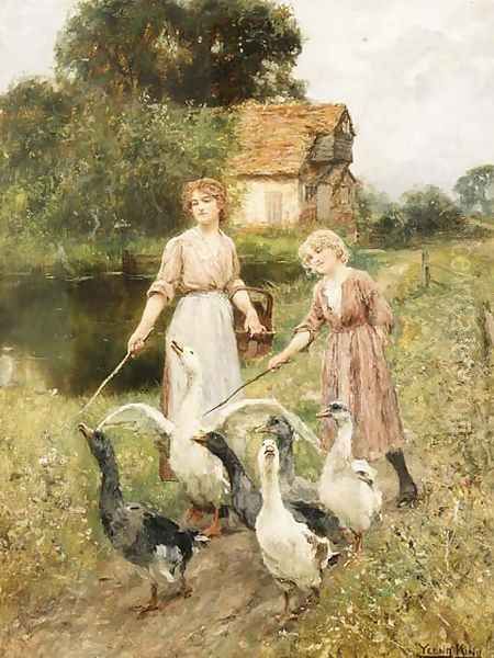 Girls Herding Geese Oil Painting by Henry John Yeend King