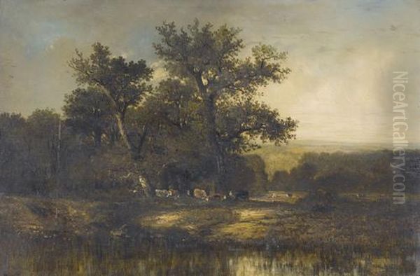 Baumbestandene Weidelandschaft Mit Kuhen Oil Painting by Jules Dupre