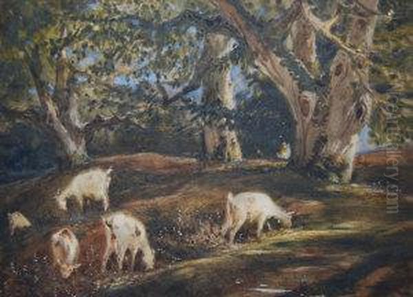 Sheep Grazing On A Wooded Hillside Oil Painting by Jules Dupre