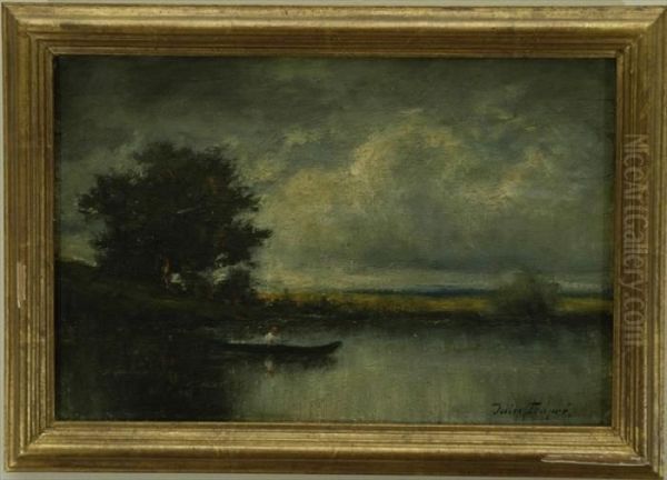 Dupre: Landscape With Figure In Boat Oil Painting by Jules Dupre