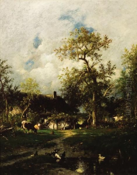 Farm House Near A Pond Oil Painting by Jules Dupre