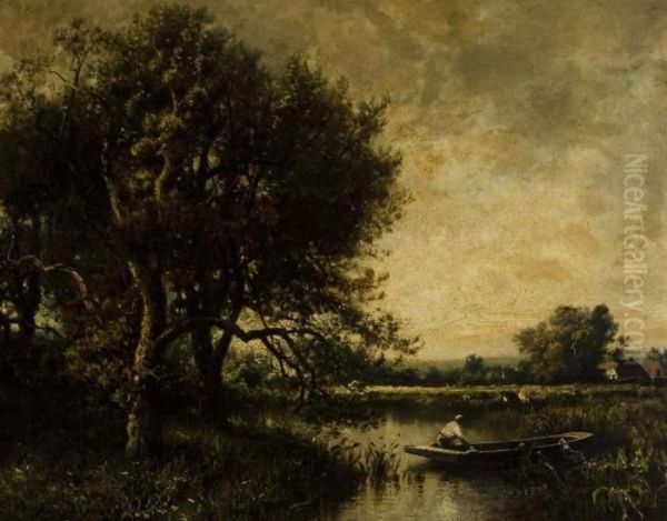 A Figure Punting Along The Riverbank. Oil Painting by Jules Dupre