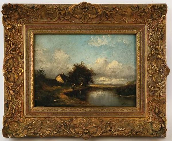 Chaumiere Et Personnage Au Bord De L'etang Oil Painting by Jules Dupre