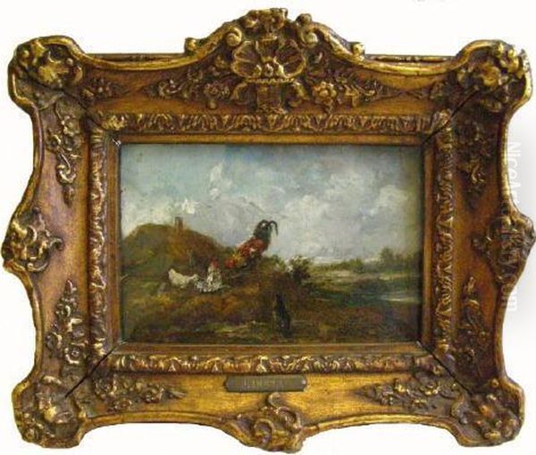 Huhner Und Hahn Auf Dem Misthaufen, Links Signiert Dupre Oil Painting by Jules Dupre