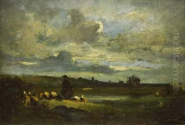 Bergere Et Ses Moutons Oil Painting by Jules Dupre