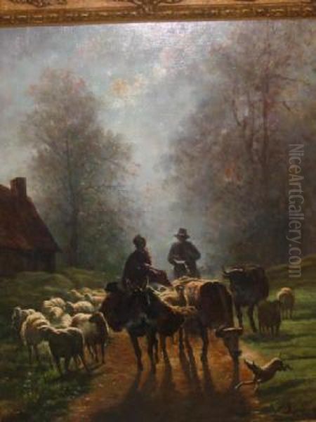 Moonlit Lane With Drovers And Animals Oil Painting by Jules Dupre