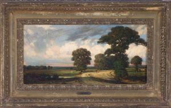 Abendstimmung In Weiter Baumbestandener Landschaft Mit Reisenden Auf Der Landstrase Oil Painting by Jules Dupre