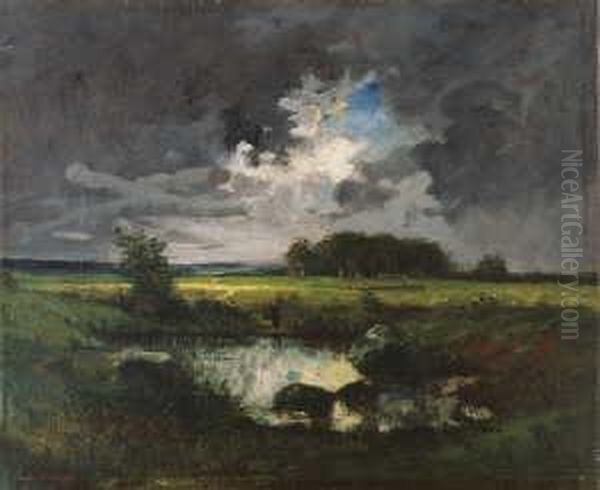 Gewitterstimmung Uber Einer Bewaldeten Ebene Mit Teich. Oil Painting by Jules Dupre