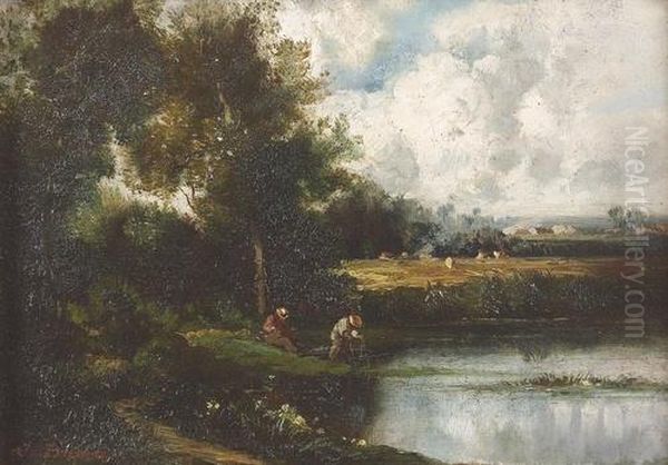 Sommerliche Landschaft Mit Teich. Oil Painting by Jules Dupre