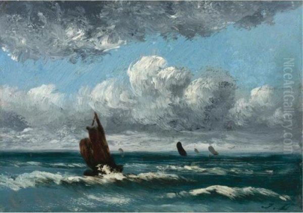 Fishing Boats On The Channel Coast Oil Painting by Jules Dupre