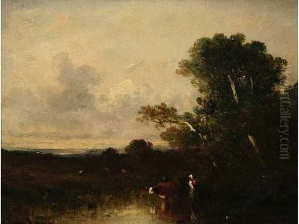 Gardeuse De Vaches Au Bord De La Mare. Oil Painting by Jules Dupre