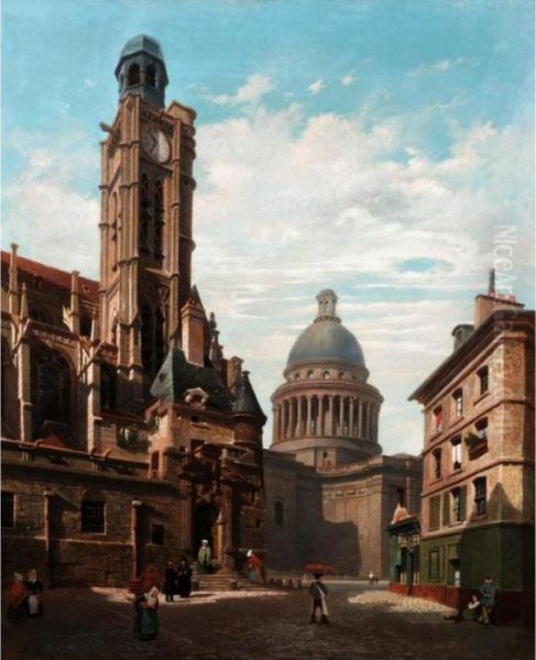 View Of The Pantheon And St. Etienne Church, Paris Oil Painting by Jules Dupre