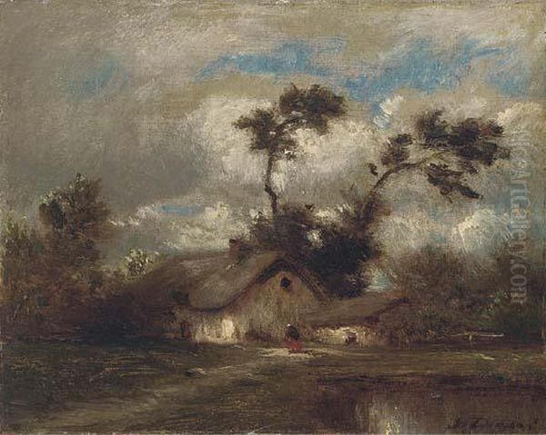 Beside A Country Cottage Oil Painting by Jules Dupre