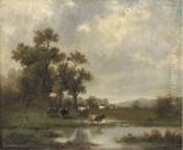 Cows In A Meadow Oil Painting by Jules Dupre