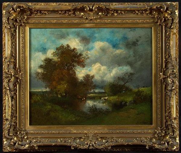 Dupre The Drinking Pool Oil Painting by Jules Dupre