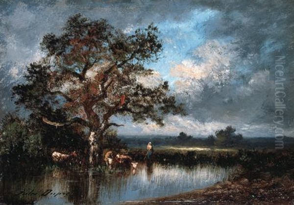 Vaches Et Vachere Oil Painting by Jules Dupre