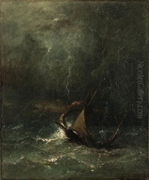 Shipping On Stormy Seas Oil Painting by Jules Dupre