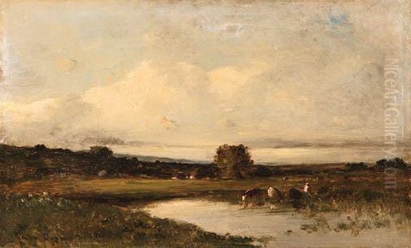 Cows And Peasants By A River Oil Painting by Jules Dupre