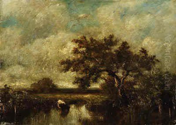 Trees In A Marsh Oil Painting by Jules Dupre