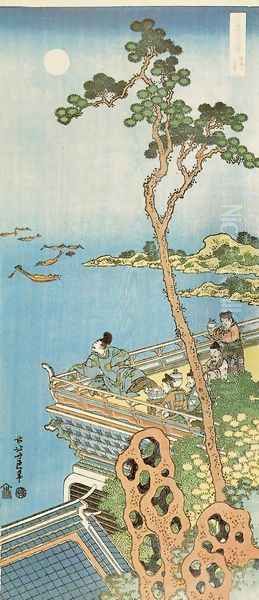 Abe No Nakamaro Gazing at the Moon from a Terrace Oil Painting by Katsushika Hokusai