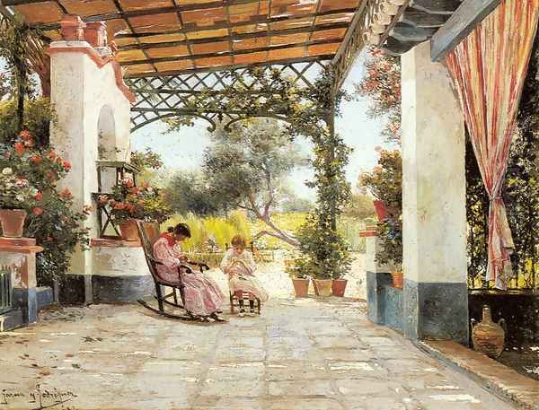 Mother and Daughter Sewing on a Patio Oil Painting by Manuel Garcia y Rodriguez